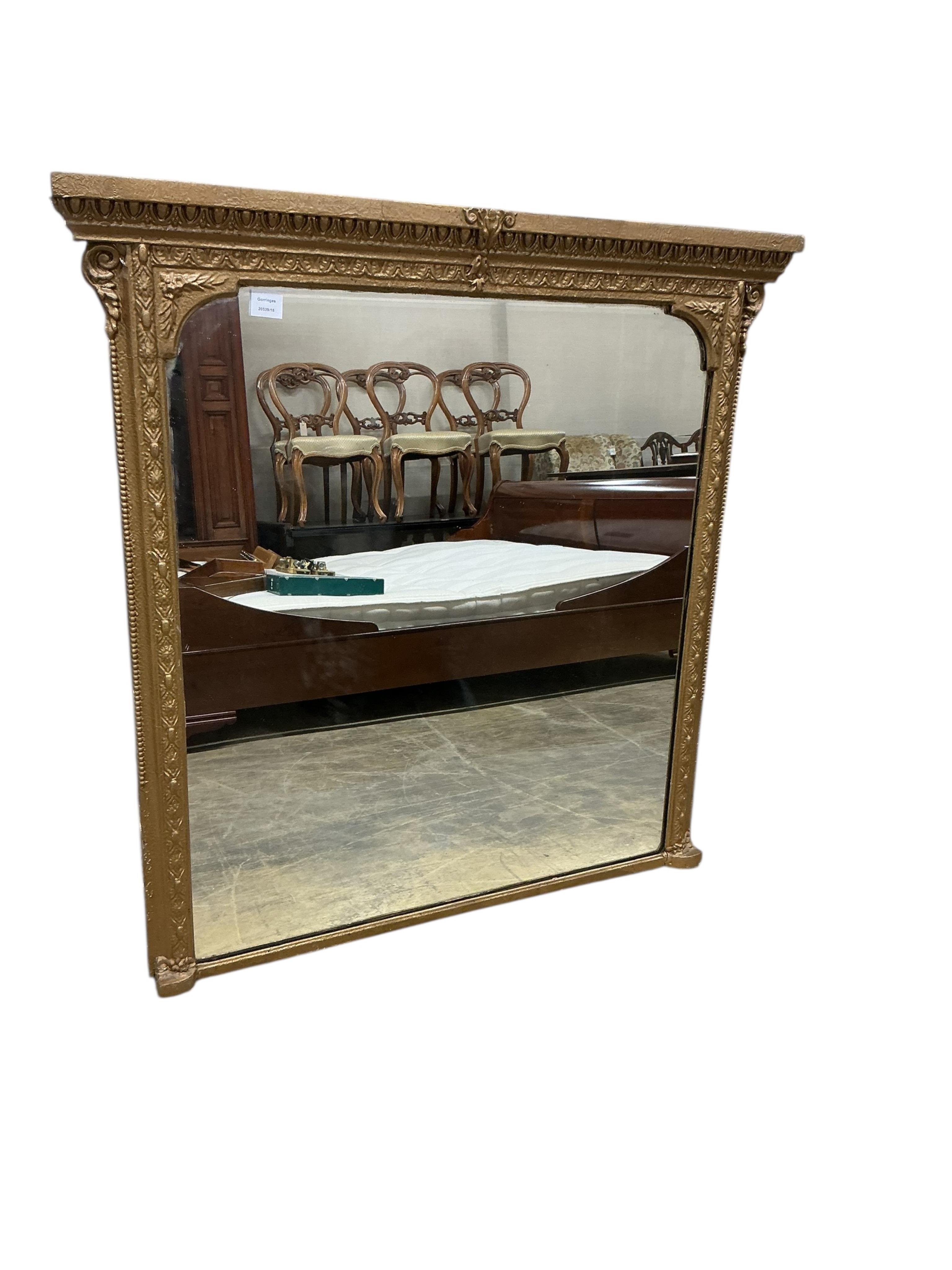 A Victorian giltwood and composition overmantel mirror, re-painted, width 109cm, height 108cm